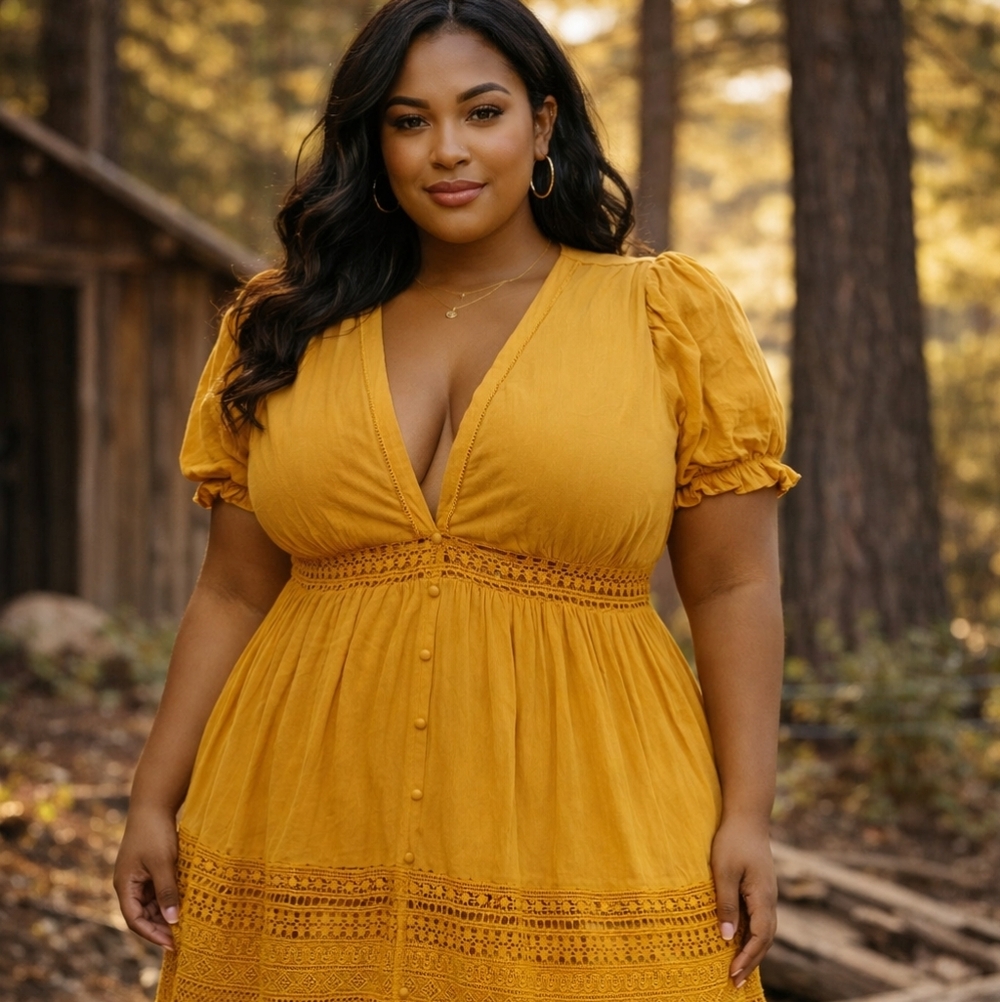 Cupshe Mustard Maxi Dress with Lace Accents. Cottage Core Boho Plus Size